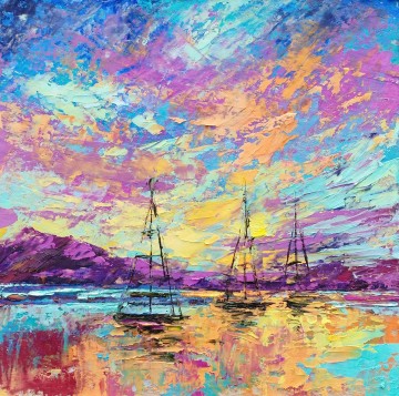 Landscapes Painting - Hawaiian colorful clouds by Palette Knife beach art wall decor seashore